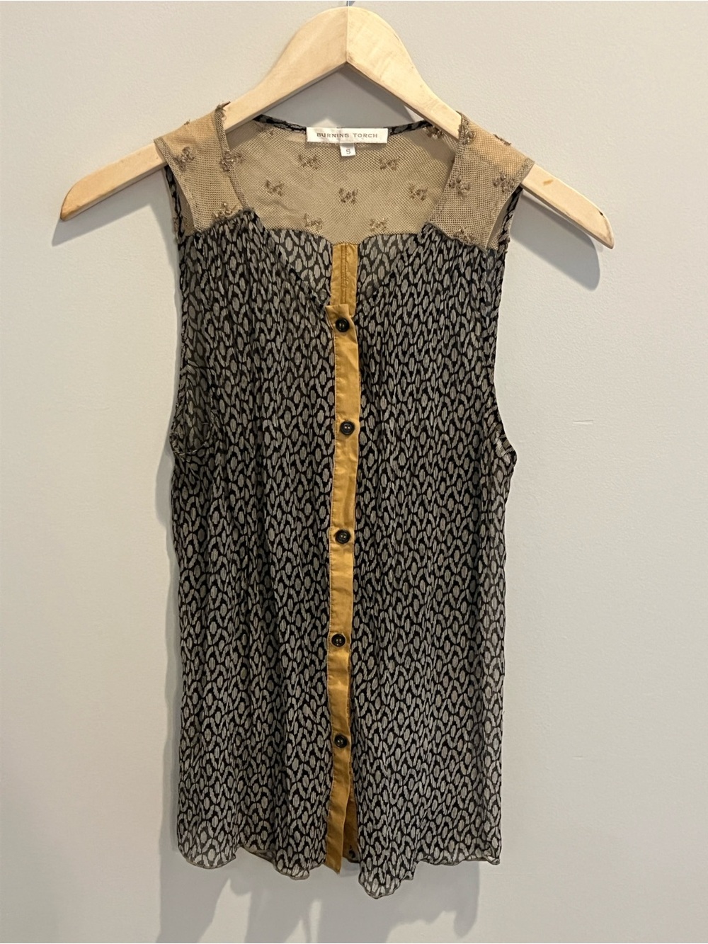 Burning Torch Black, Cream and Mustard Sheer Embroidered Yoke Top